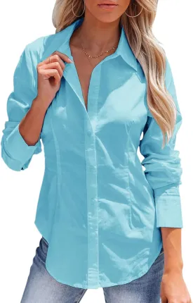 siliteelon Women's Button Down Shirts Long Sleeve Dress Shirts Wrinkle Free Collared Work Office Solid Blouses Corset Tops