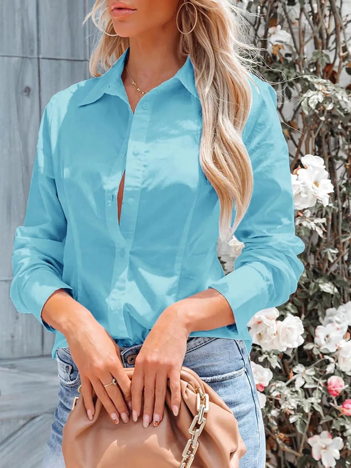 siliteelon Women's Button Down Shirts Long Sleeve Dress Shirts Wrinkle Free Collared Work Office Solid Blouses Corset Tops