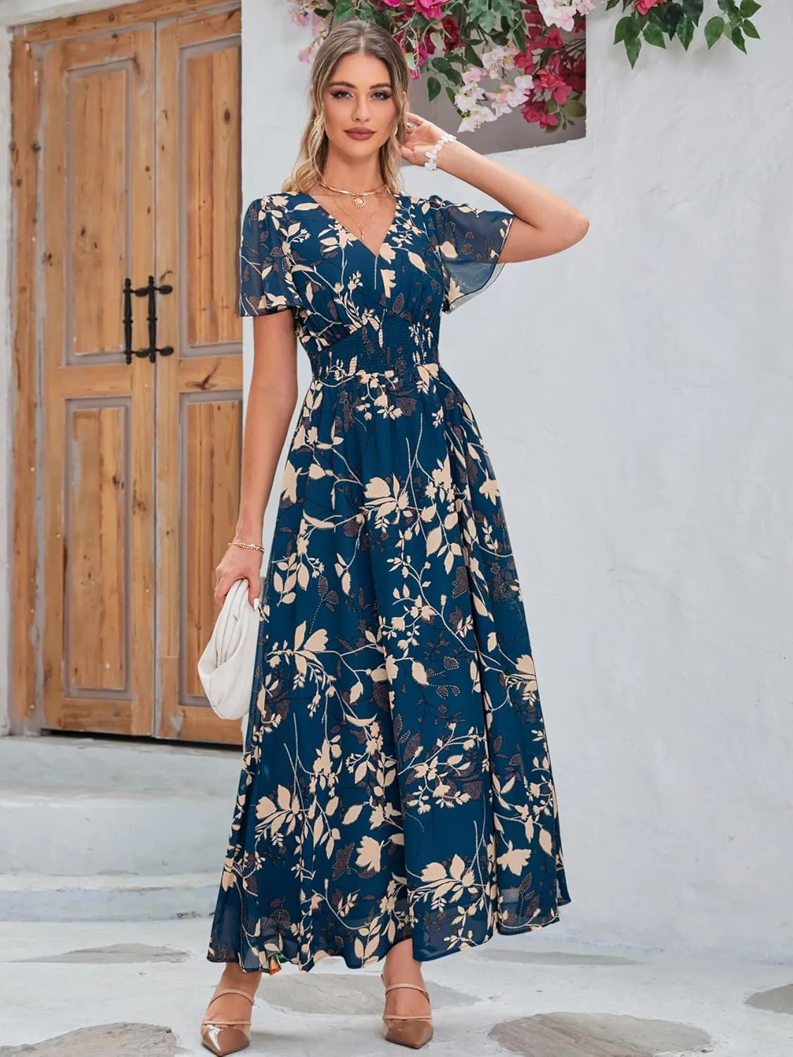 Simplee Women's Boho Floral Maxi Dress Flowy Casual V Neck Short Sleeve Wedding Guest Holiday Beach Long Dress