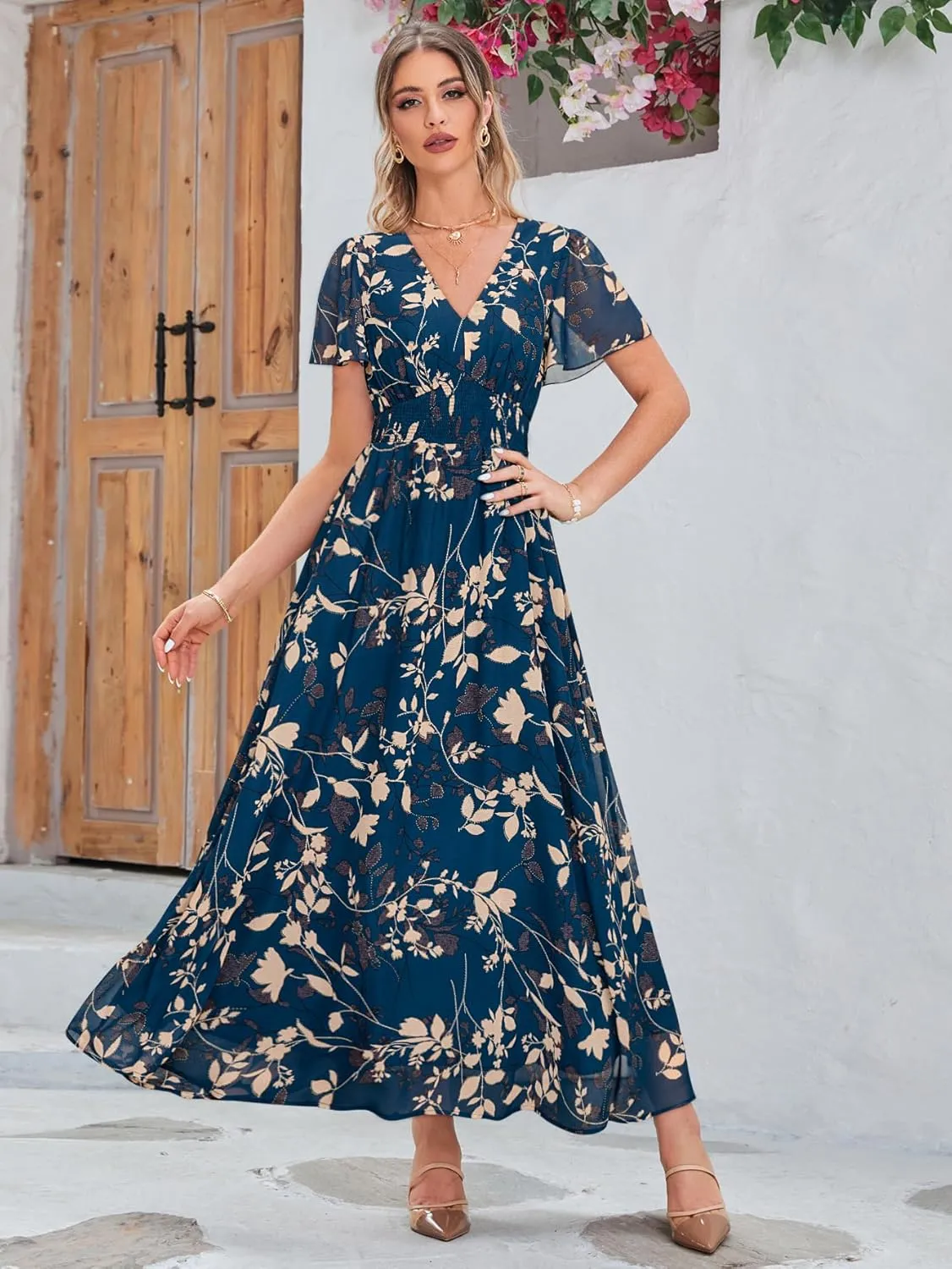 Simplee Women's Boho Floral Maxi Dress Flowy Casual V Neck Short Sleeve Wedding Guest Holiday Beach Long Dress