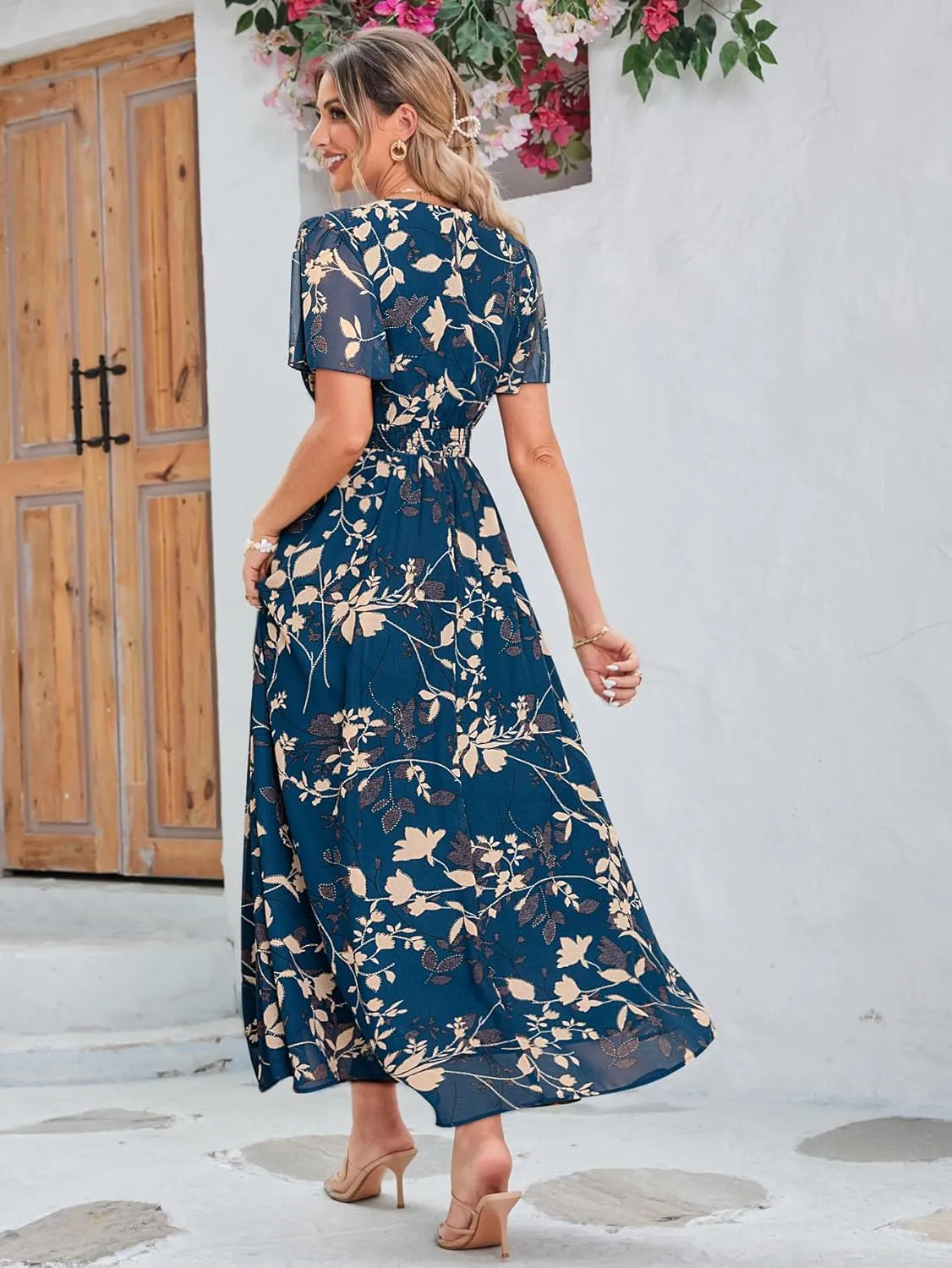 Simplee Women's Boho Floral Maxi Dress Flowy Casual V Neck Short Sleeve Wedding Guest Holiday Beach Long Dress