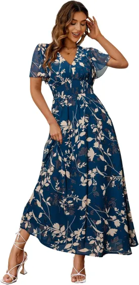 Simplee Women's Boho Floral Maxi Dress Flowy Casual V Neck Short Sleeve Wedding Guest Holiday Beach Long Dress