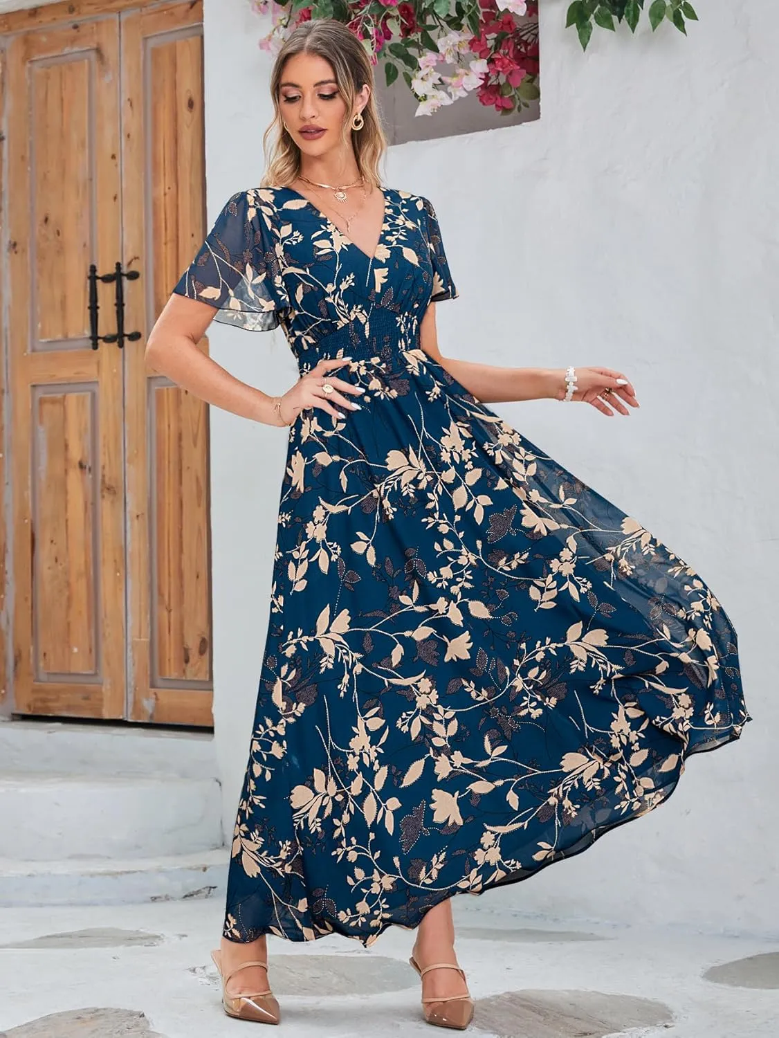 Simplee Women's Boho Floral Maxi Dress Flowy Casual V Neck Short Sleeve Wedding Guest Holiday Beach Long Dress