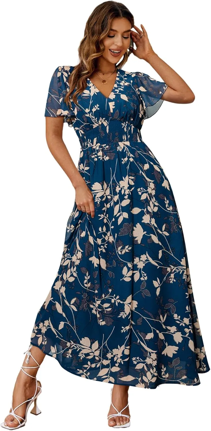 Simplee Women's Boho Floral Maxi Dress Flowy Casual V Neck Short Sleeve Wedding Guest Holiday Beach Long Dress