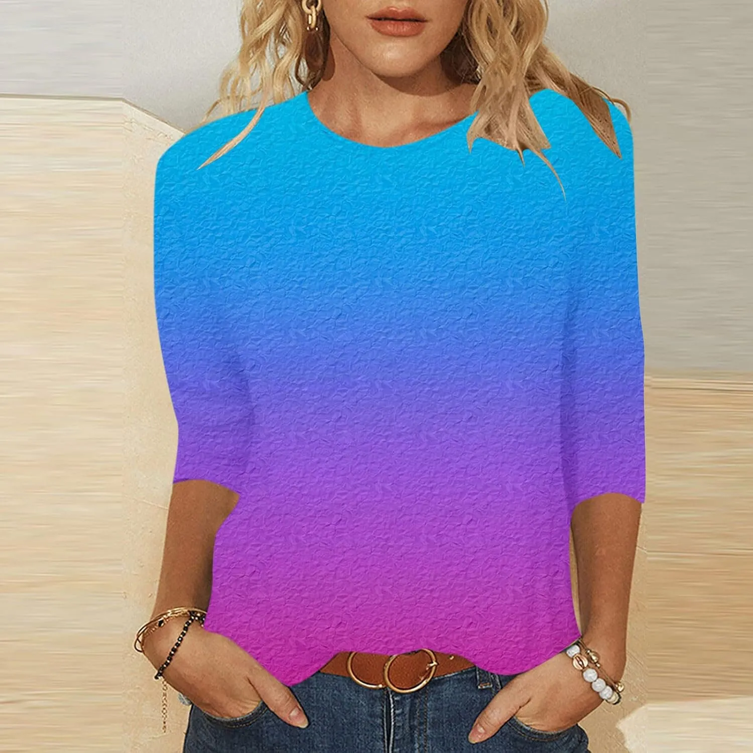 T Shirts for Women Summer Fall 3/4 Sleeve Boat Neck Loose Fit Long Tops T Shirt Women 2025 KQ