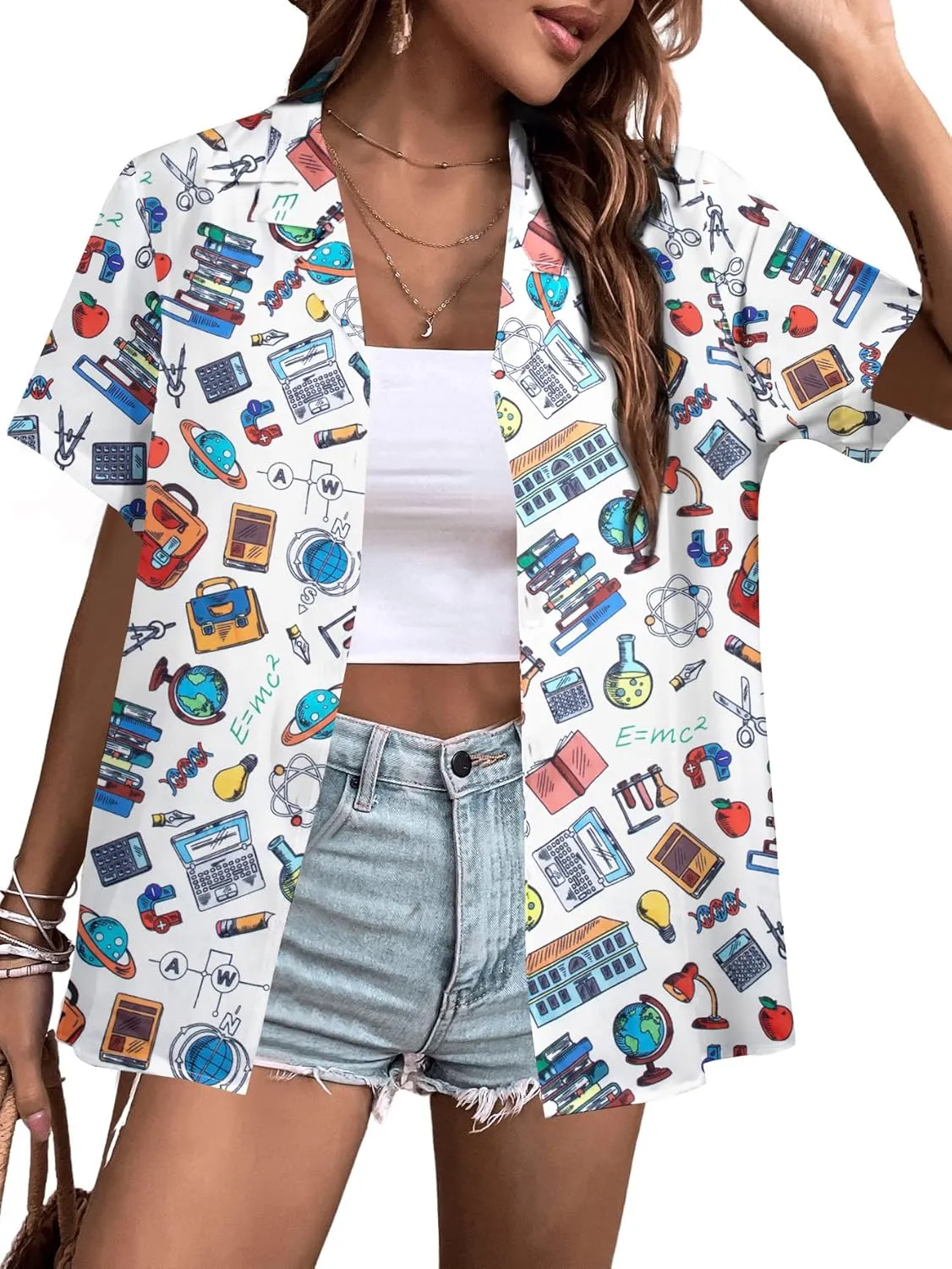 Teacher Shirts Women Teach Life Button Down Shirt School Subject Tshirt Hawaiian Casual Funny Graphic Holiday Tops