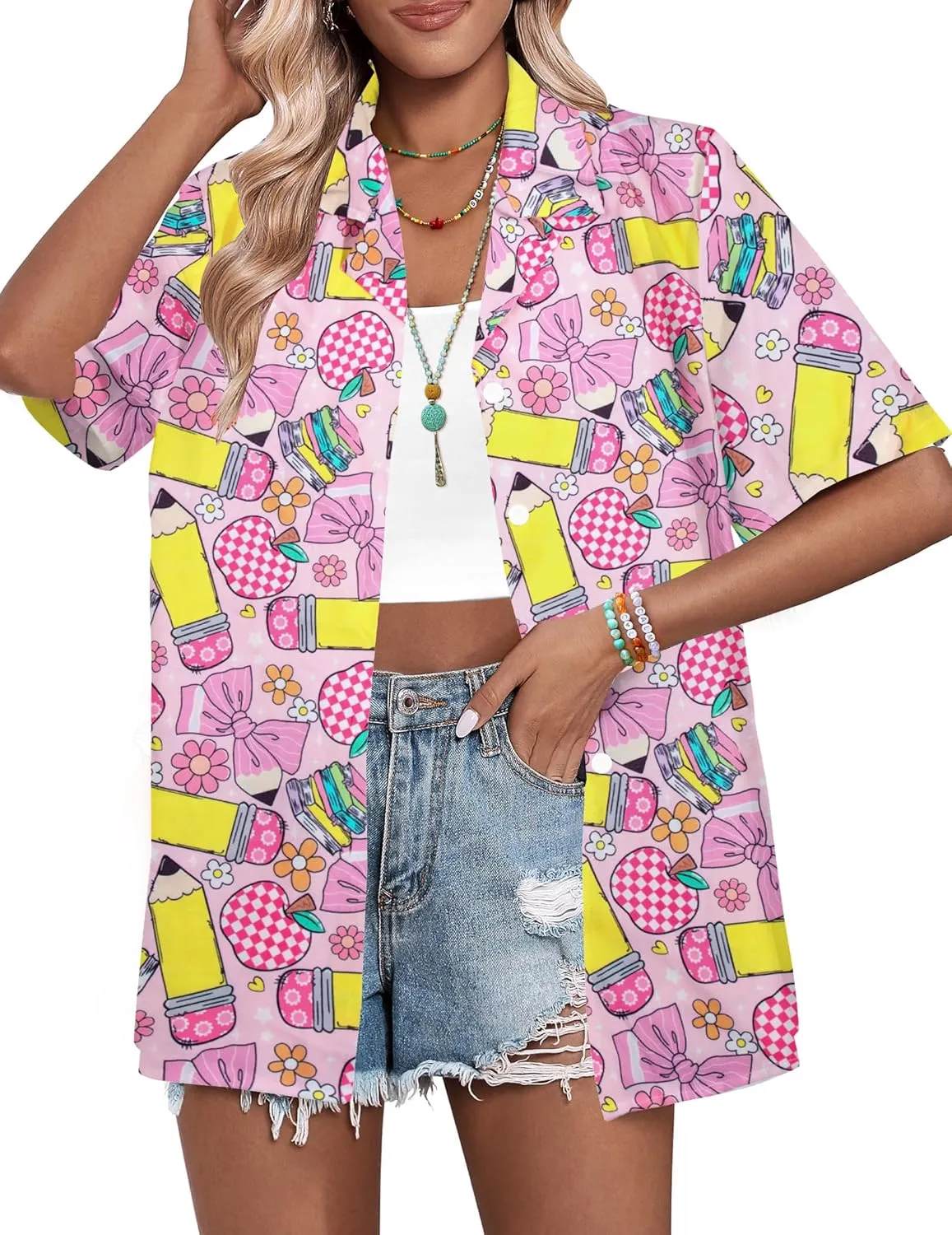 Teacher Shirts Women Teach Life Button Down Shirt School Subject Tshirt Hawaiian Casual Funny Graphic Holiday Tops