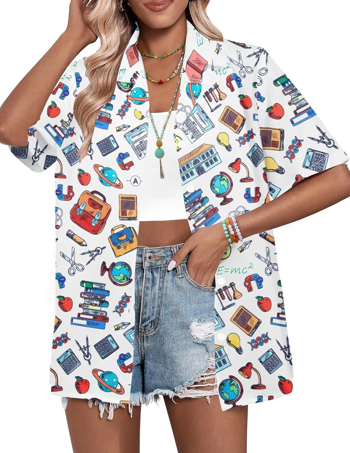 Teacher Shirts Women Teach Life Button Down Shirt School Subject Tshirt Hawaiian Casual Funny Graphic Holiday Tops