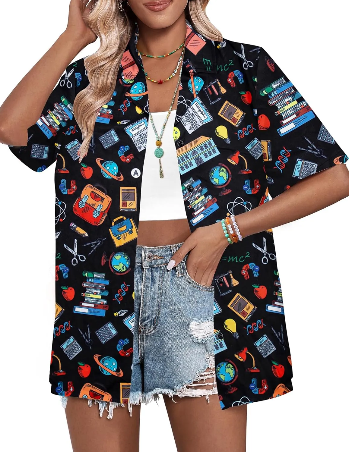 Teacher Shirts Women Teach Life Button Down Shirt School Subject Tshirt Hawaiian Casual Funny Graphic Holiday Tops