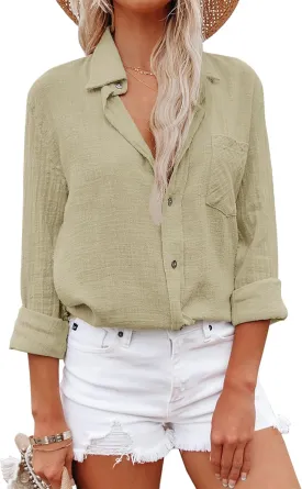 Womens Button Down Shirts Cotton Dress Shirt Long Sleeve Oversized Boyfriend Solid Tunic Tops with Pockets