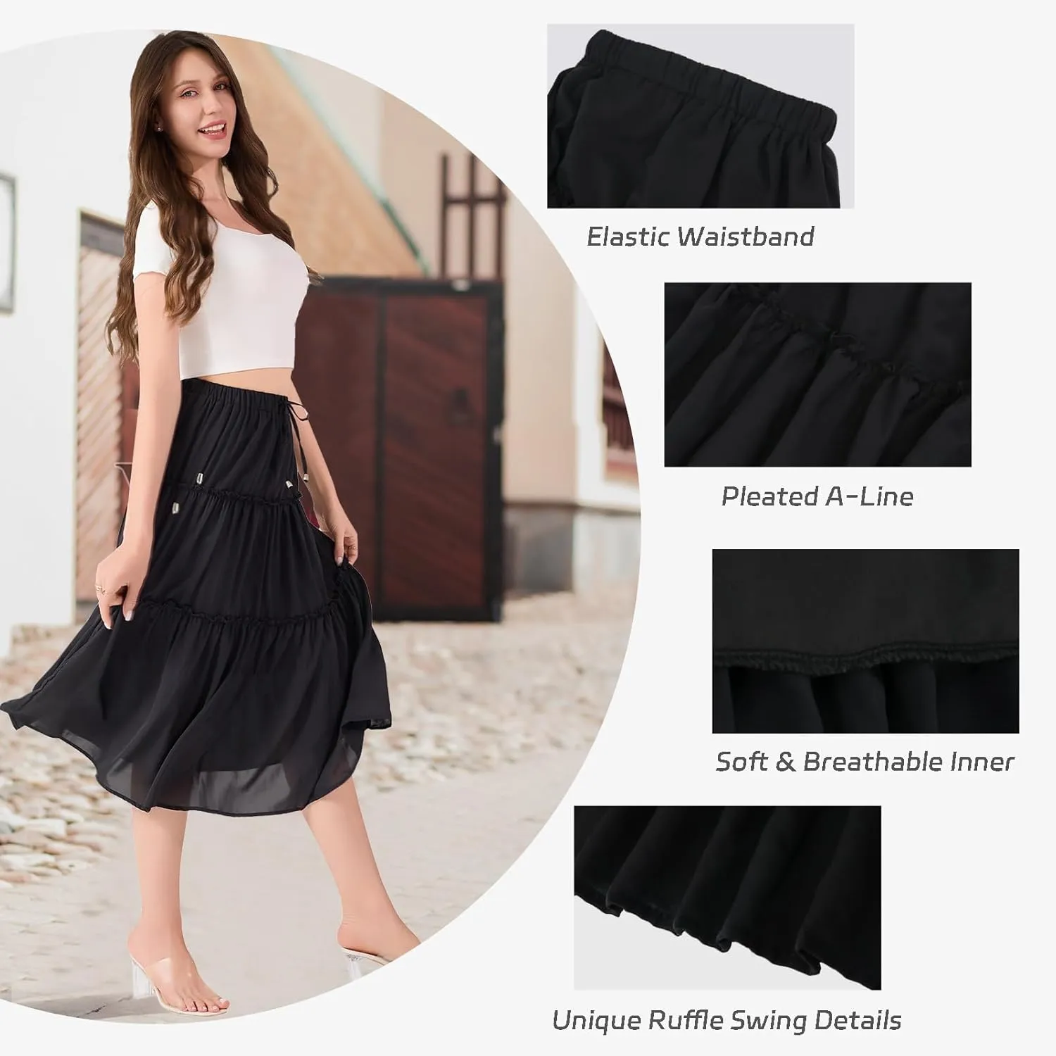Women's Flowy Maxi Skirt Summer Casual High Elastic Waist TieFloral Boho Pleated A-Line Long Skirts for Beach Party Holiday