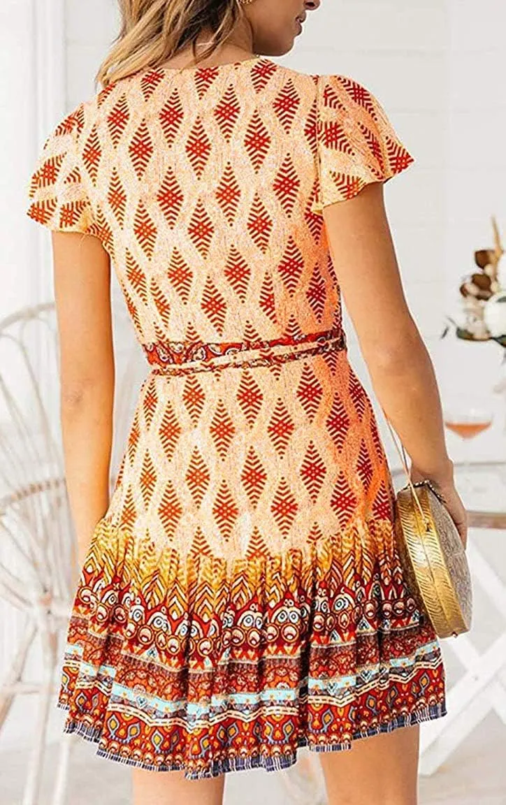 Women’s Summer Wrap V Neck Dresses Bohemian Floral Print Ruffle Swing A Line Beach Mini Dress
