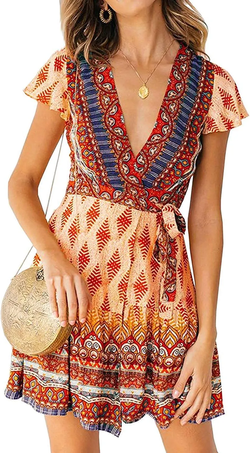 Women’s Summer Wrap V Neck Dresses Bohemian Floral Print Ruffle Swing A Line Beach Mini Dress