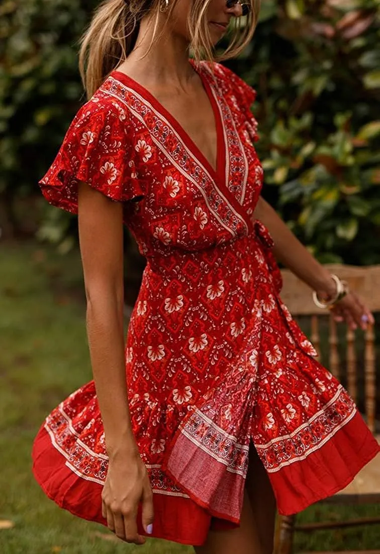 Women’s Summer Wrap V Neck Dresses Bohemian Floral Print Ruffle Swing A Line Beach Mini Dress