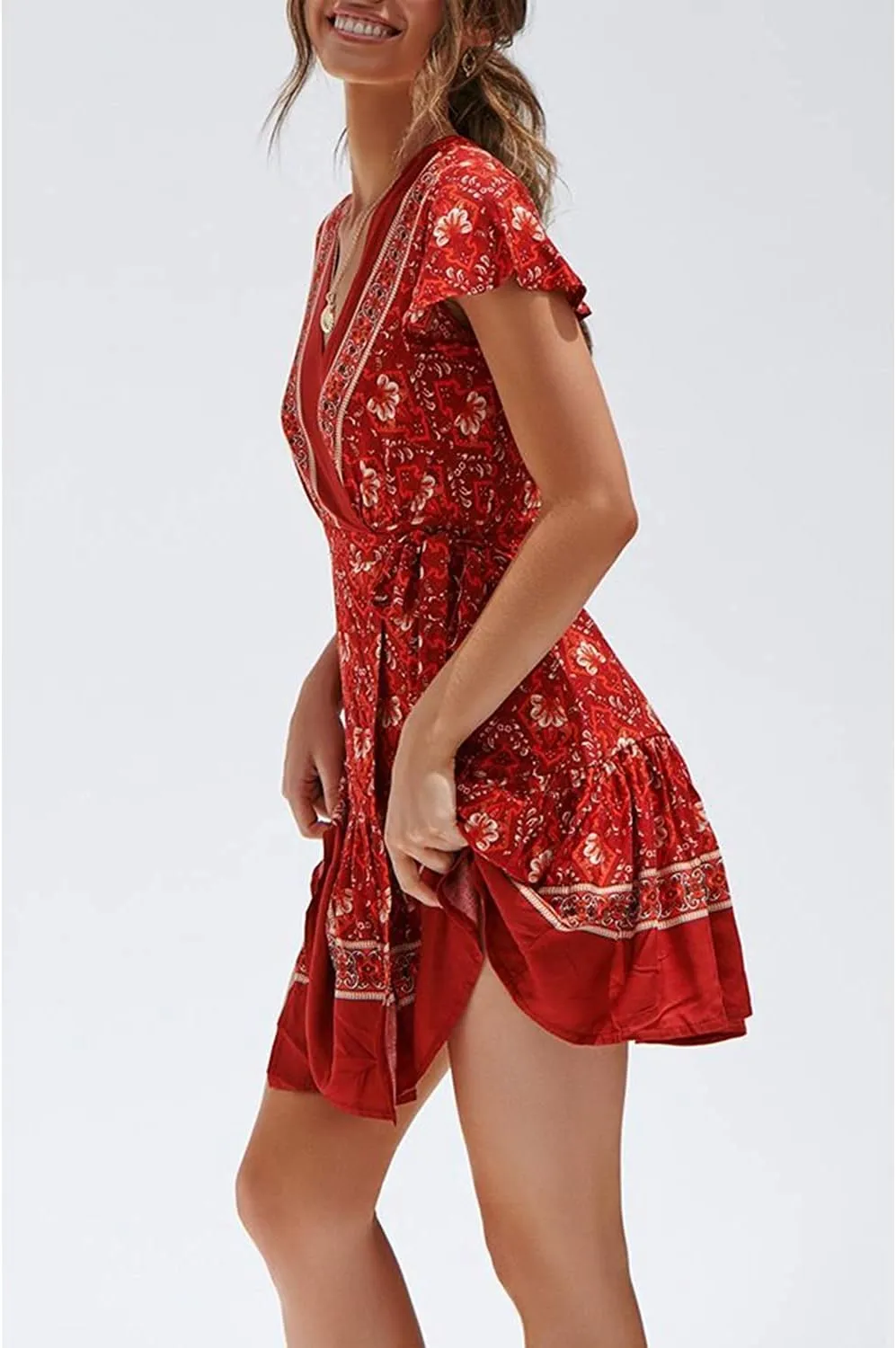 Women’s Summer Wrap V Neck Dresses Bohemian Floral Print Ruffle Swing A Line Beach Mini Dress