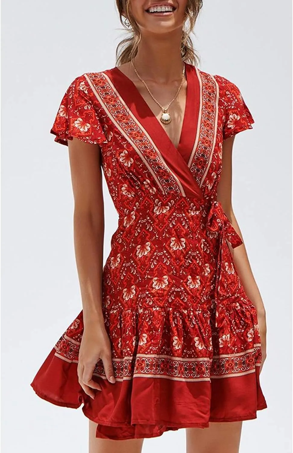 Women’s Summer Wrap V Neck Dresses Bohemian Floral Print Ruffle Swing A Line Beach Mini Dress