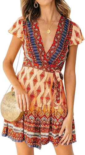 Women’s Summer Wrap V Neck Dresses Bohemian Floral Print Ruffle Swing A Line Beach Mini Dress