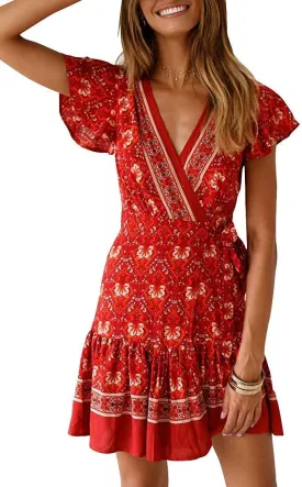 Women’s Summer Wrap V Neck Dresses Bohemian Floral Print Ruffle Swing A Line Beach Mini Dress
