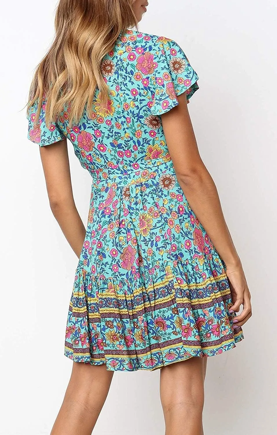 Women’s Summer Wrap V Neck Dresses Bohemian Floral Print Ruffle Swing A Line Beach Mini Dress