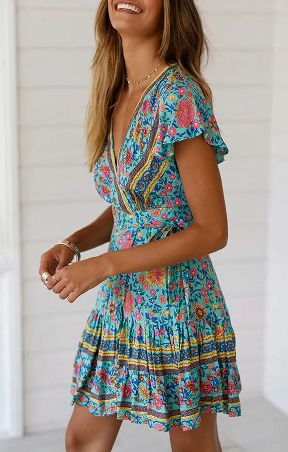 Women’s Summer Wrap V Neck Dresses Bohemian Floral Print Ruffle Swing A Line Beach Mini Dress