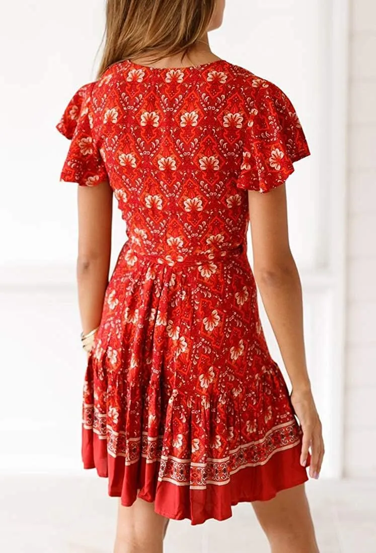 Women’s Summer Wrap V Neck Dresses Bohemian Floral Print Ruffle Swing A Line Beach Mini Dress