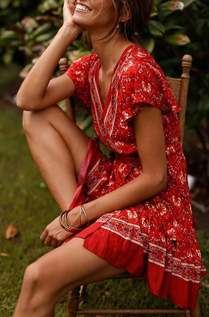 Women’s Summer Wrap V Neck Dresses Bohemian Floral Print Ruffle Swing A Line Beach Mini Dress