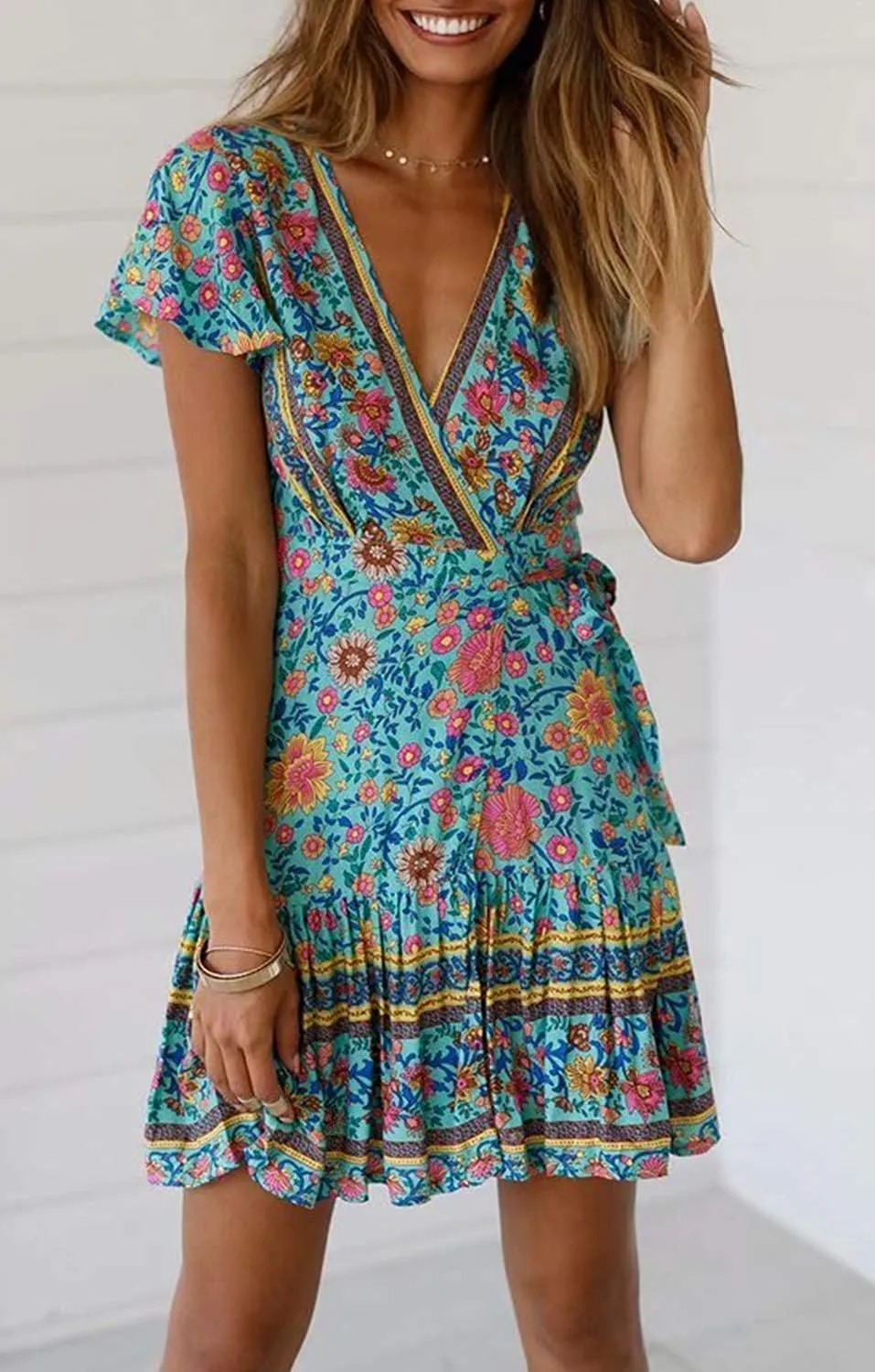 Women’s Summer Wrap V Neck Dresses Bohemian Floral Print Ruffle Swing A Line Beach Mini Dress