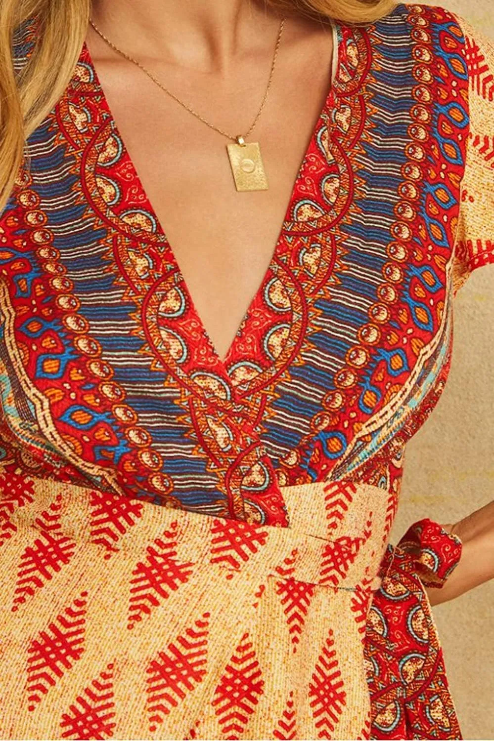 Women’s Summer Wrap V Neck Dresses Bohemian Floral Print Ruffle Swing A Line Beach Mini Dress