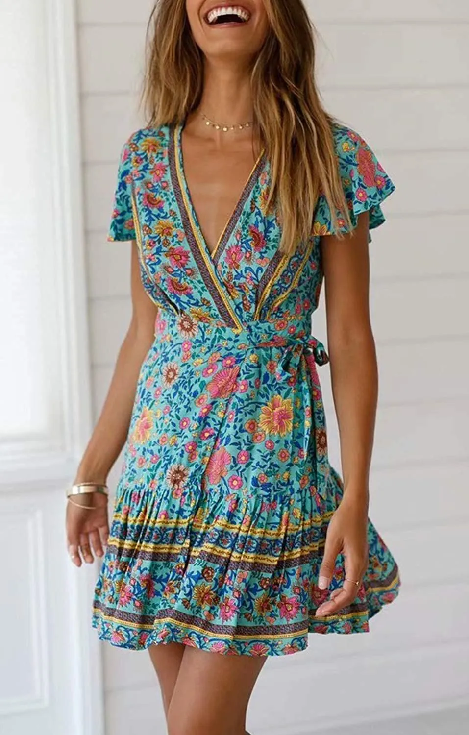 Women’s Summer Wrap V Neck Dresses Bohemian Floral Print Ruffle Swing A Line Beach Mini Dress