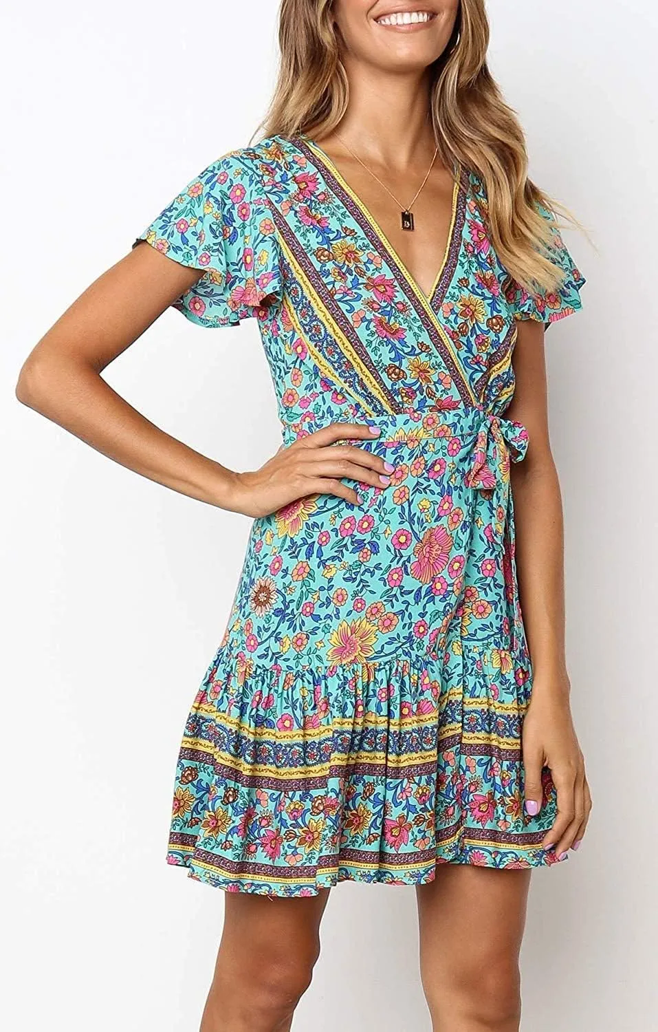 Women’s Summer Wrap V Neck Dresses Bohemian Floral Print Ruffle Swing A Line Beach Mini Dress