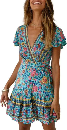 Women’s Summer Wrap V Neck Dresses Bohemian Floral Print Ruffle Swing A Line Beach Mini Dress