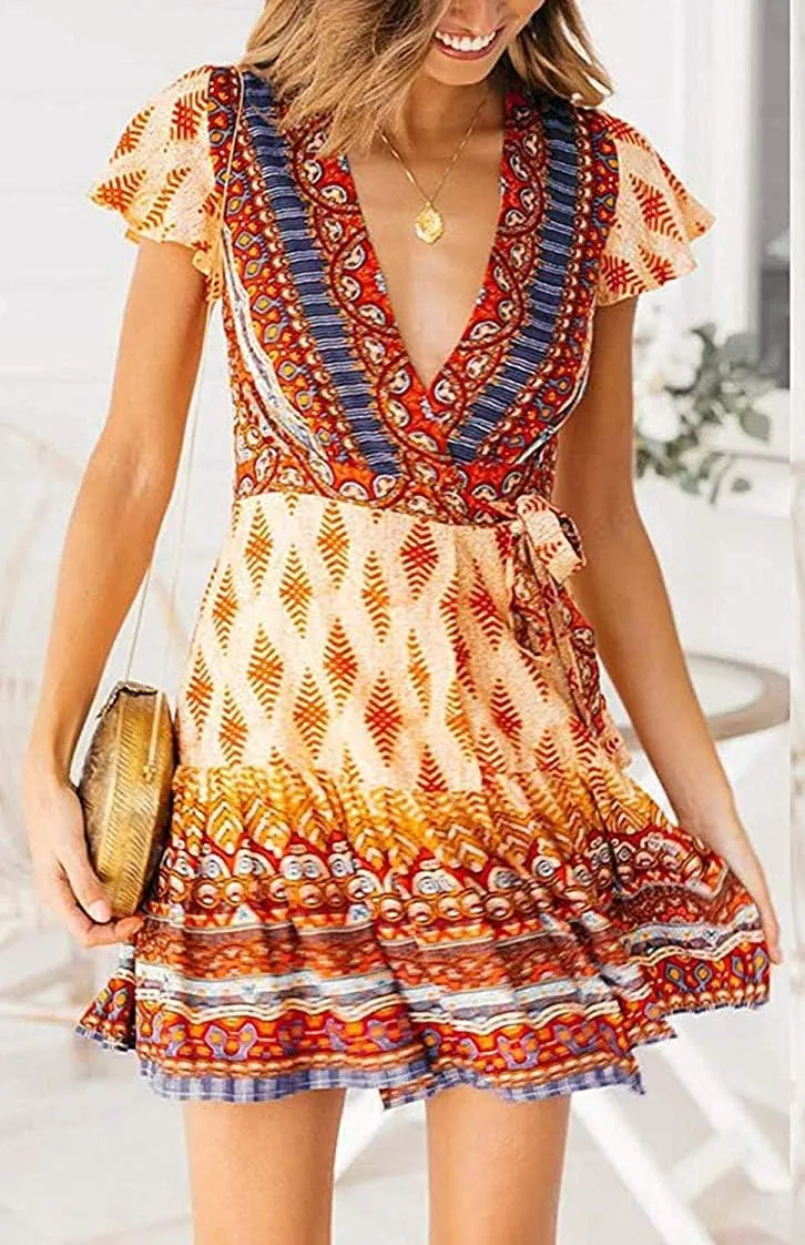 Women’s Summer Wrap V Neck Dresses Bohemian Floral Print Ruffle Swing A Line Beach Mini Dress