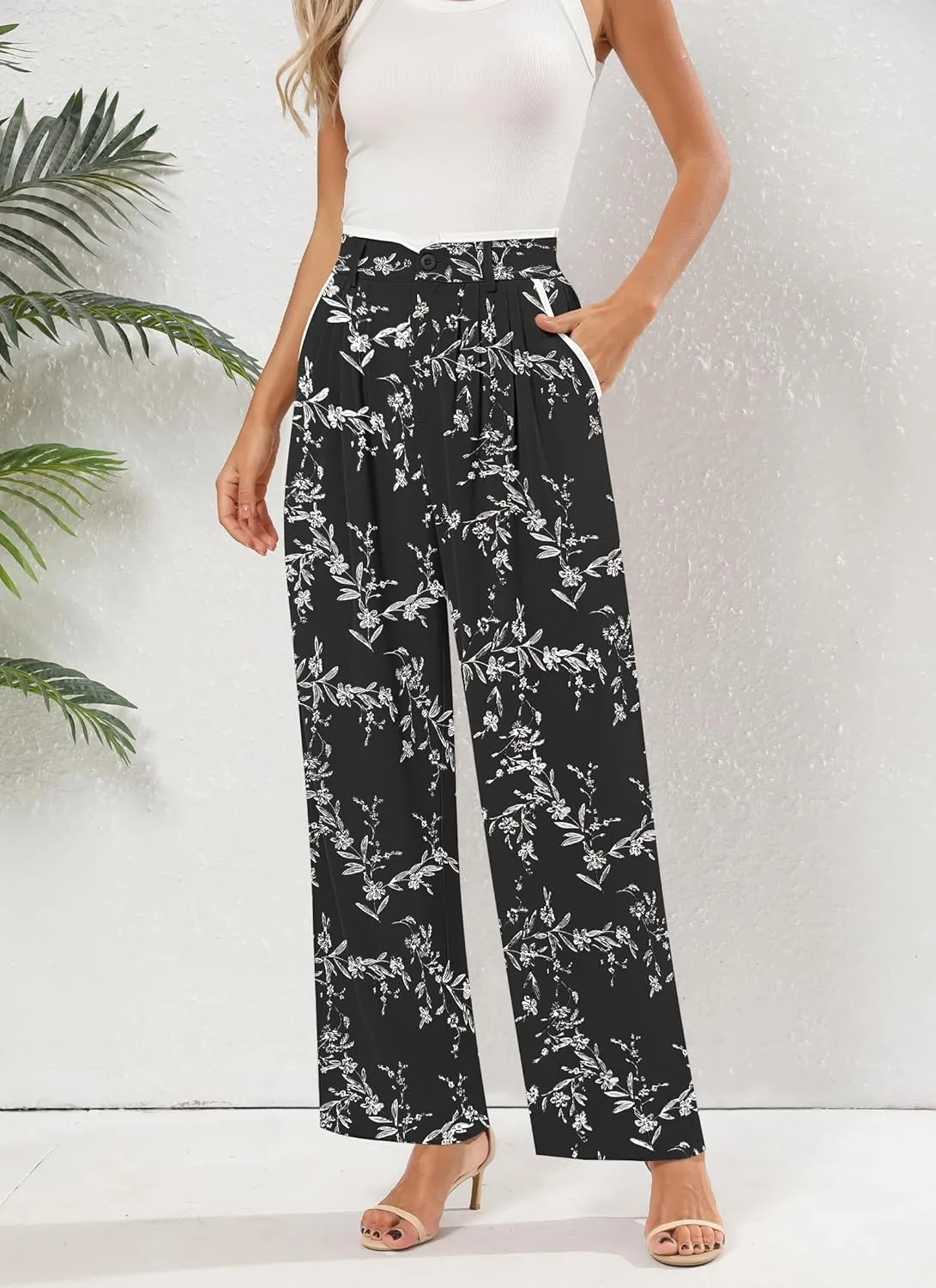 Women's Wide Leg Casual Business Pants with Pockets Pleated Flowy High Waisted Holiday Trousers Pants for Women