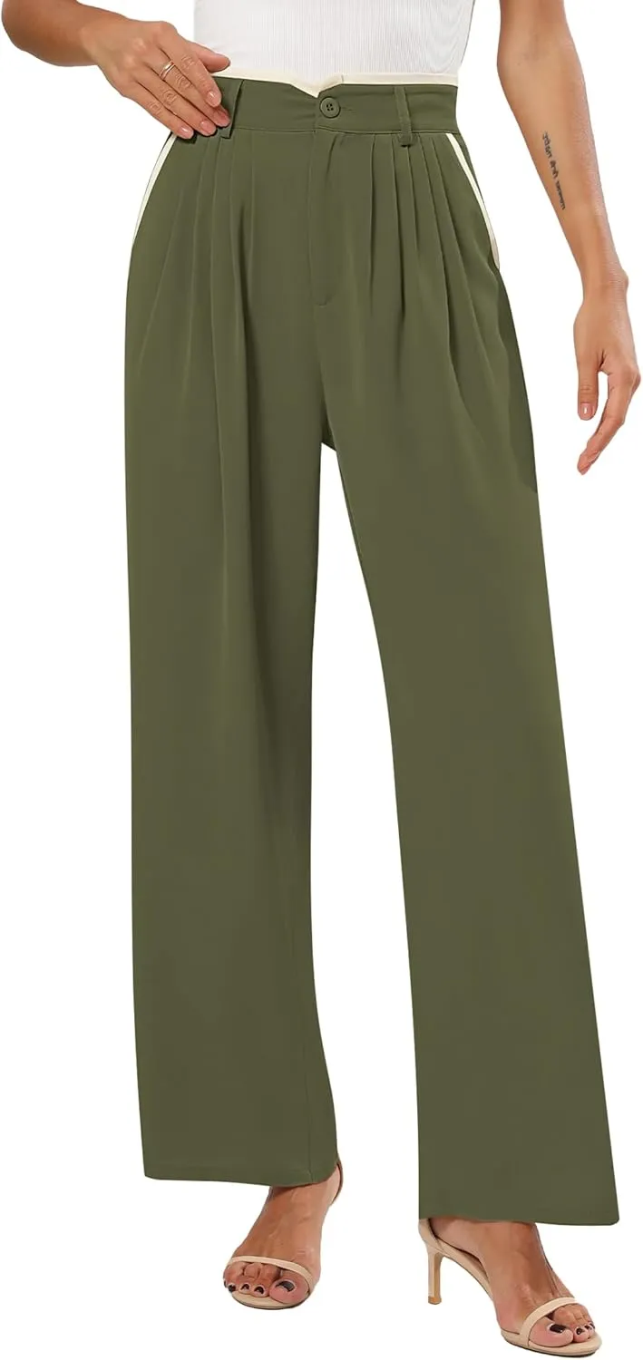Women's Wide Leg Casual Business Pants with Pockets Pleated Flowy High Waisted Holiday Trousers Pants for Women