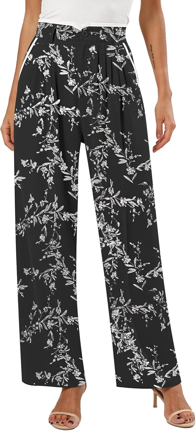 Women's Wide Leg Casual Business Pants with Pockets Pleated Flowy High Waisted Holiday Trousers Pants for Women