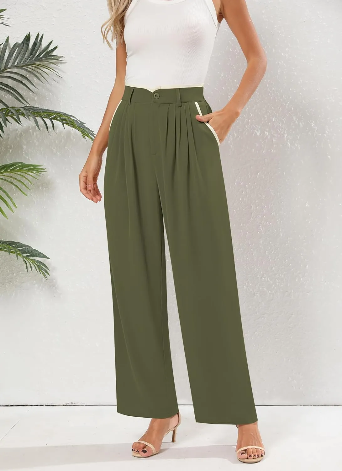Women's Wide Leg Casual Business Pants with Pockets Pleated Flowy High Waisted Holiday Trousers Pants for Women