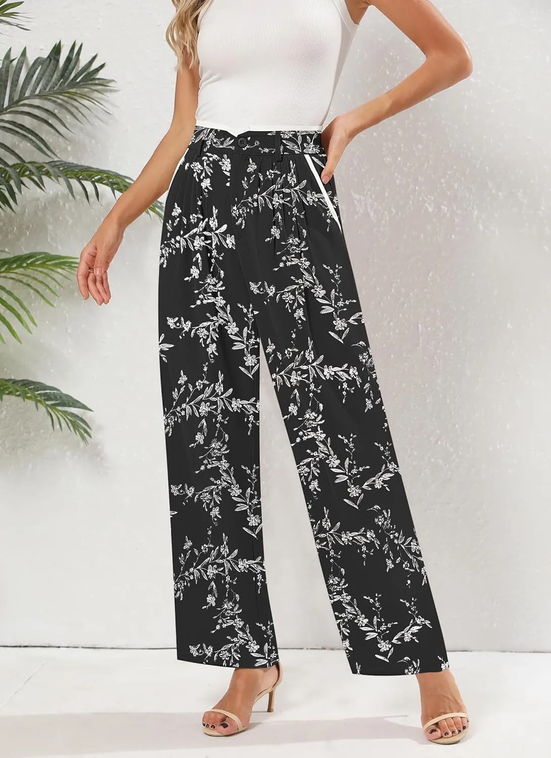 Women's Wide Leg Casual Business Pants with Pockets Pleated Flowy High Waisted Holiday Trousers Pants for Women
