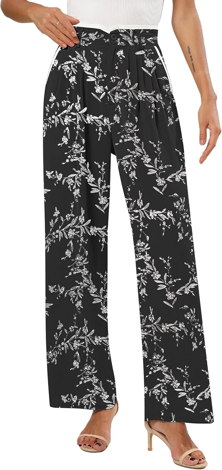 Women's Wide Leg Casual Business Pants with Pockets Pleated Flowy High Waisted Holiday Trousers Pants for Women