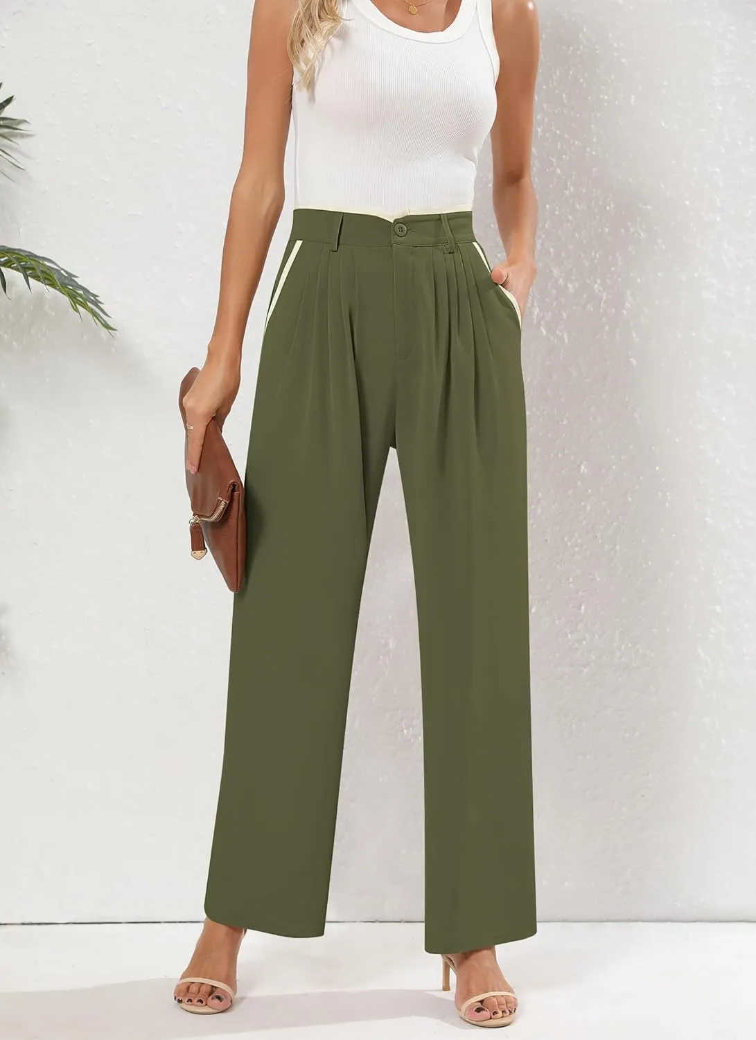 Women's Wide Leg Casual Business Pants with Pockets Pleated Flowy High Waisted Holiday Trousers Pants for Women
