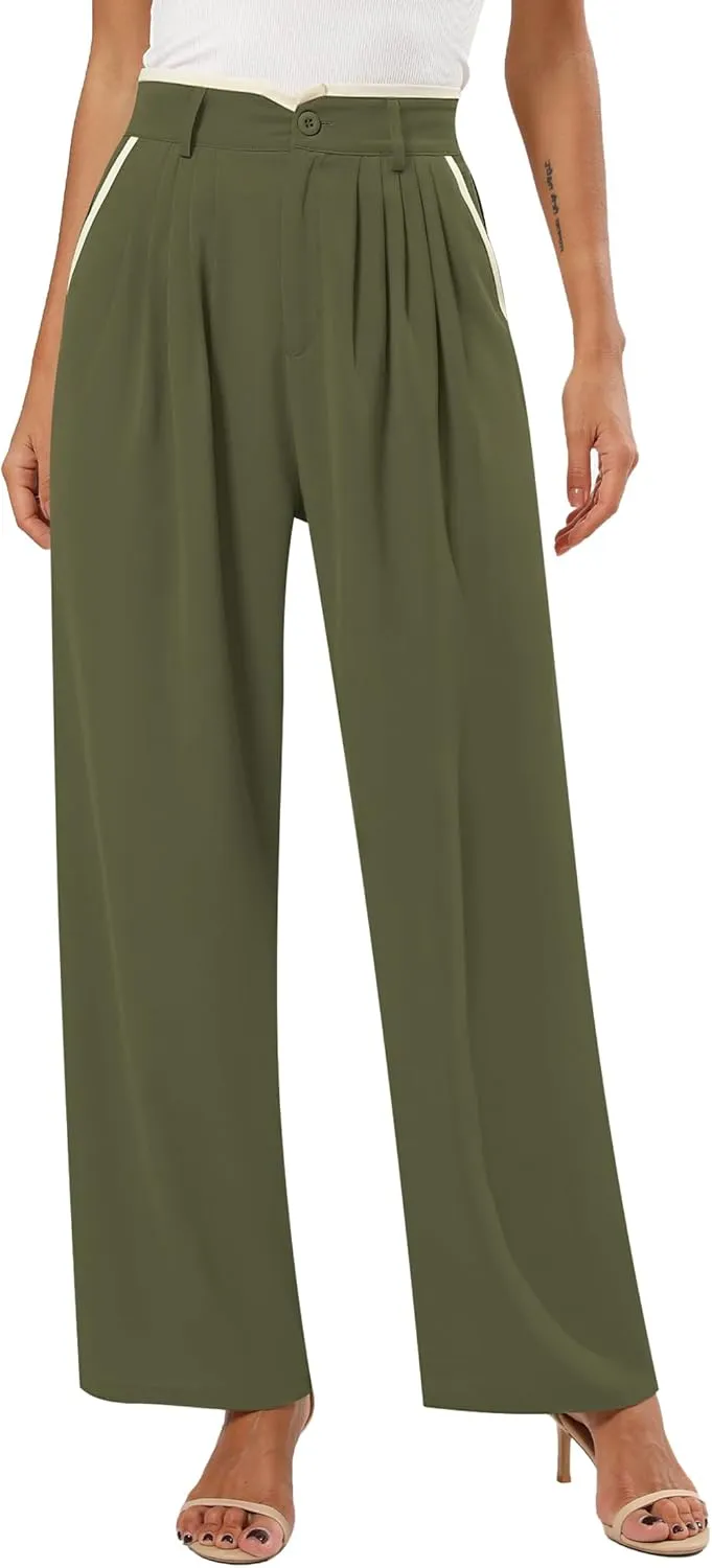 Women's Wide Leg Casual Business Pants with Pockets Pleated Flowy High Waisted Holiday Trousers Pants for Women