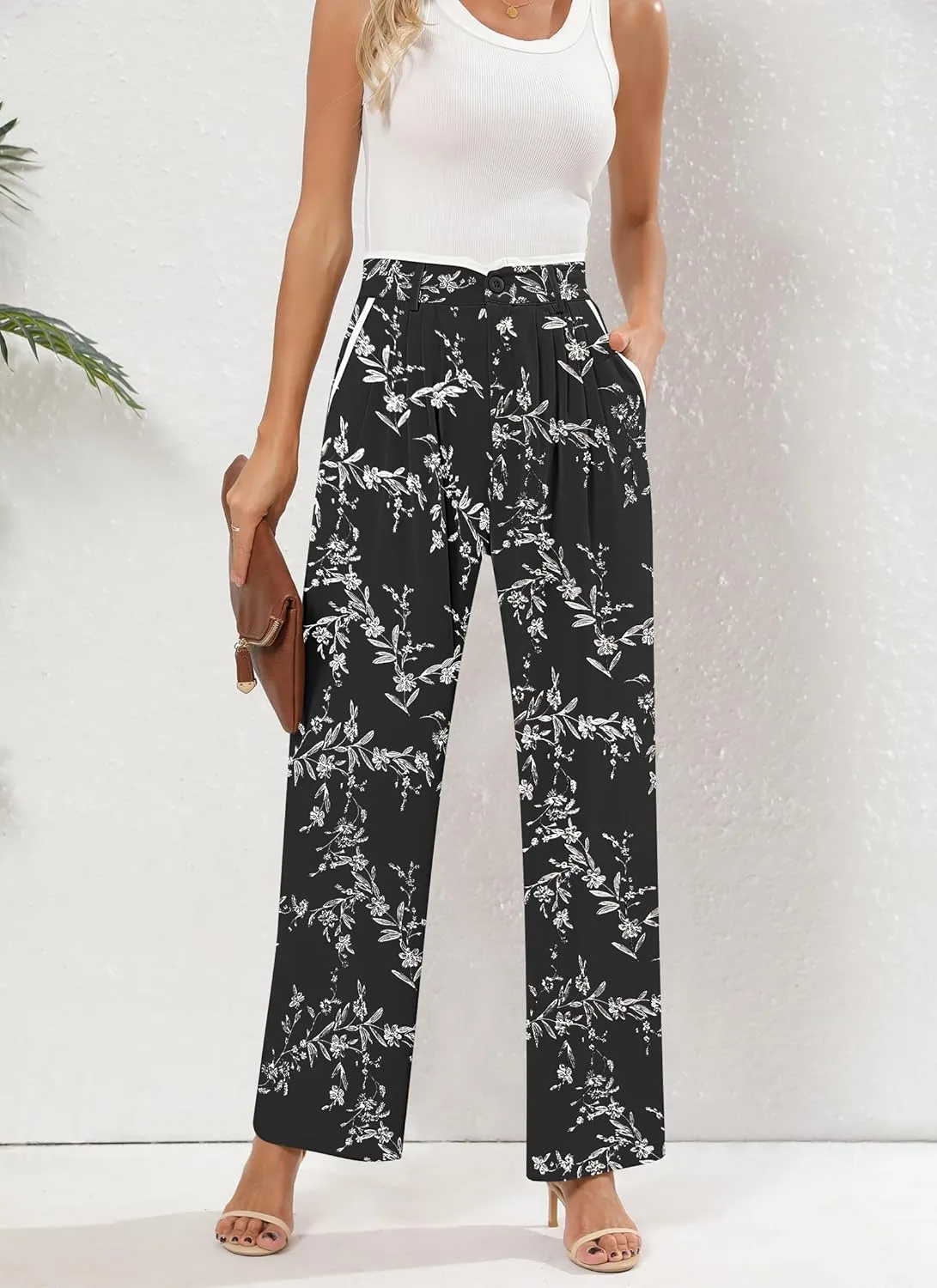 Women's Wide Leg Casual Business Pants with Pockets Pleated Flowy High Waisted Holiday Trousers Pants for Women