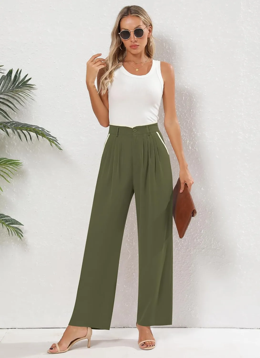 Women's Wide Leg Casual Business Pants with Pockets Pleated Flowy High Waisted Holiday Trousers Pants for Women