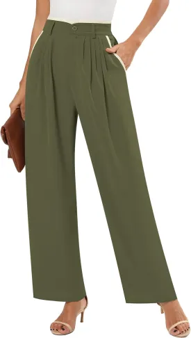 Women's Wide Leg Casual Business Pants with Pockets Pleated Flowy High Waisted Holiday Trousers Pants for Women
