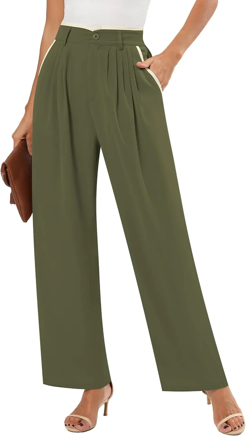 Women's Wide Leg Casual Business Pants with Pockets Pleated Flowy High Waisted Holiday Trousers Pants for Women