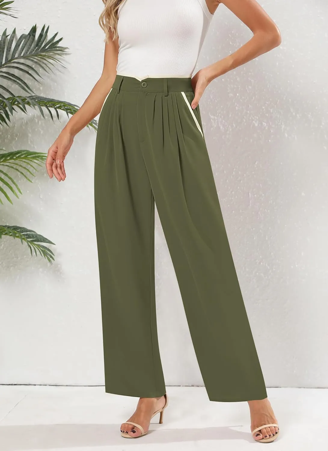 Women's Wide Leg Casual Business Pants with Pockets Pleated Flowy High Waisted Holiday Trousers Pants for Women