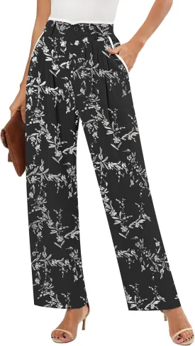 Women's Wide Leg Casual Business Pants with Pockets Pleated Flowy High Waisted Holiday Trousers Pants for Women